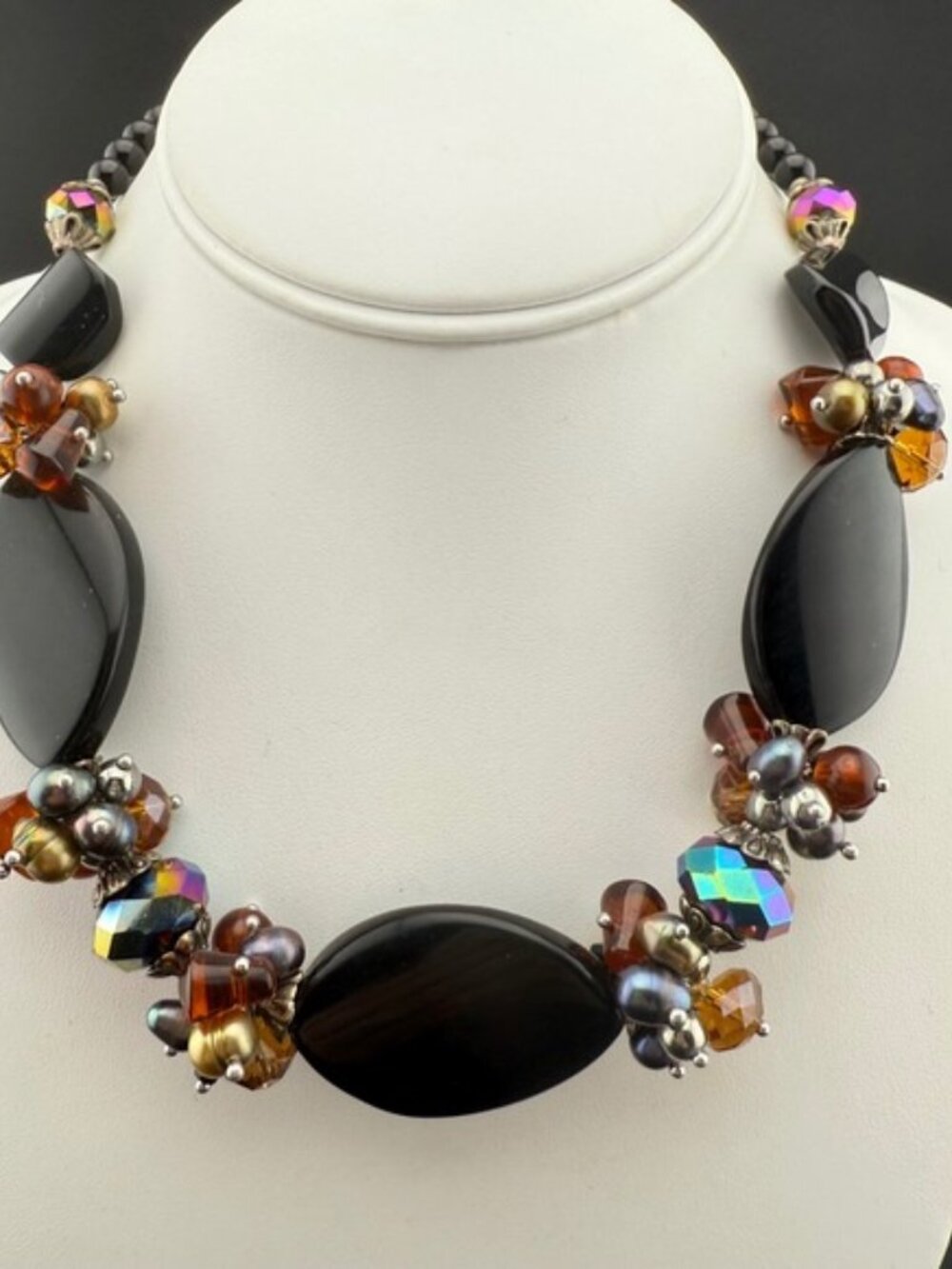 Chunky‎ Black Onyx Pearl Glass Statement Necklace Silver Tone Extender